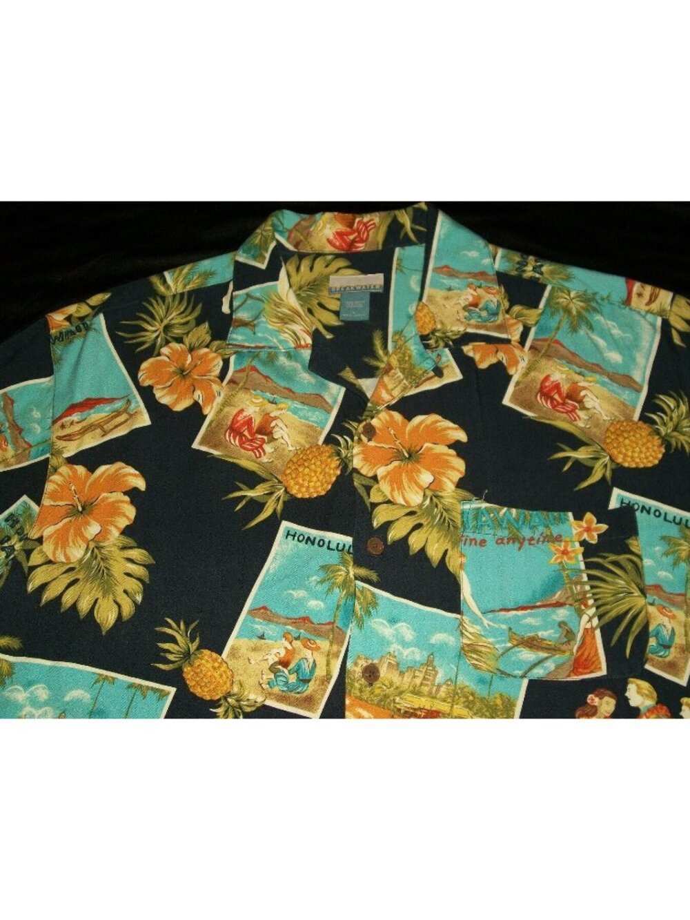 Breakwater Mens Hula Glee Wahine Blue Honolulu Hibicus Hawaiian Shirt Size Large